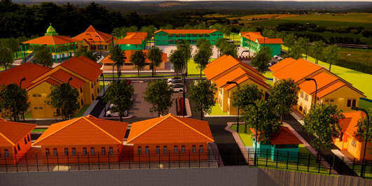 3D rendering of modern high-rise building with glass façade and complex geometric shapes