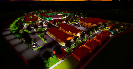 3D rendering of modern high-rise building with glass façade and complex geometric shapes