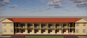 3D rendering of modern high-rise building with glass façade and complex geometric shapes