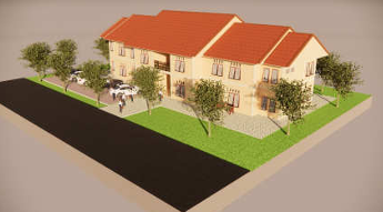 3D rendering of modern high-rise building with glass façade and complex geometric shapes